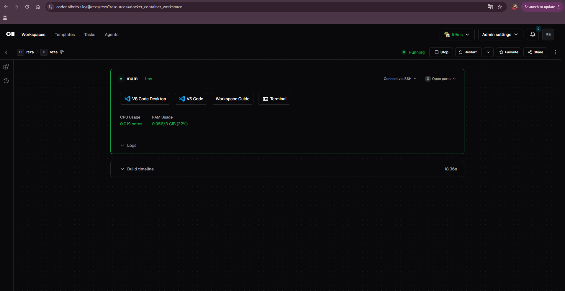 AiBricks cloud workspace dashboard — running, with VS Code and Terminal, live CPU and RAM usage