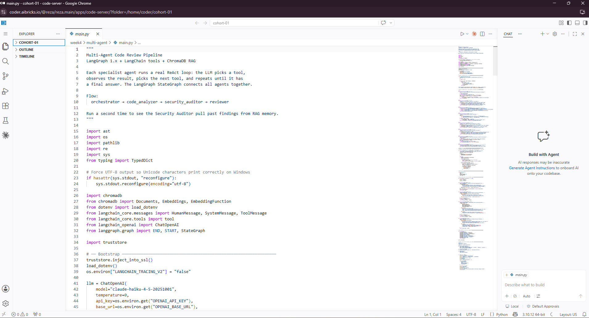 VS Code running inside the AiBricks workspace, editing a real multi-agent pipeline